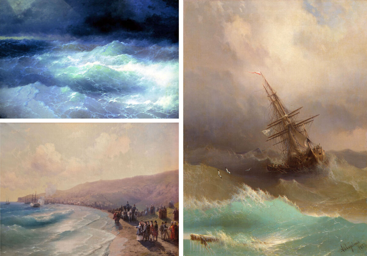 ​（左上）《在海浪中》（1898年）（公有領域）;（左下）《葉卡捷琳娜二世抵達費奧多西亞》（1883年）（公有領域）;（右）《波濤洶湧的大海中的船》（1887年）。（公有領域）