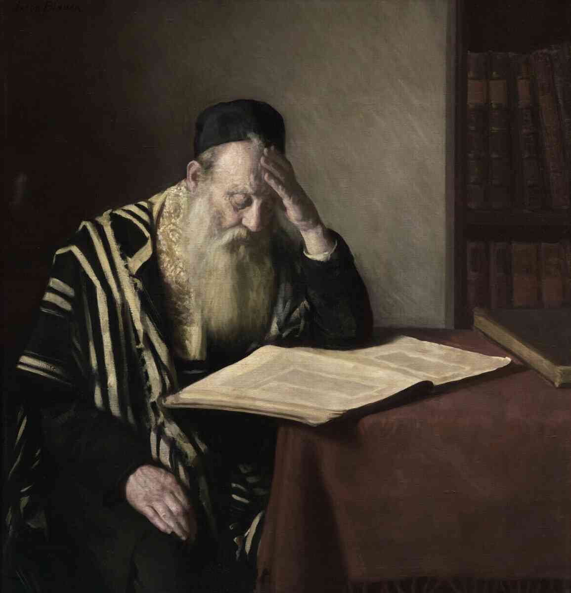 《塔木德教士》(The Talmudist),雅各布‧賓德(Jacob Binder)1919 年作,布面油畫,107cm × 101.92cm,由亞歷山大‧布林(Alexander Brin)等組成的藝術愛好者小組捐贈波士頓美術館。(波士頓美術館提供)