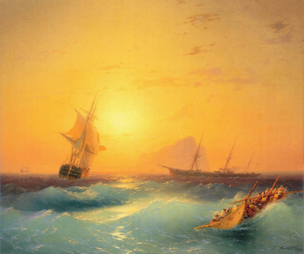 《直布羅陀岩石上的美國航運》（1873年）。（公有領域）