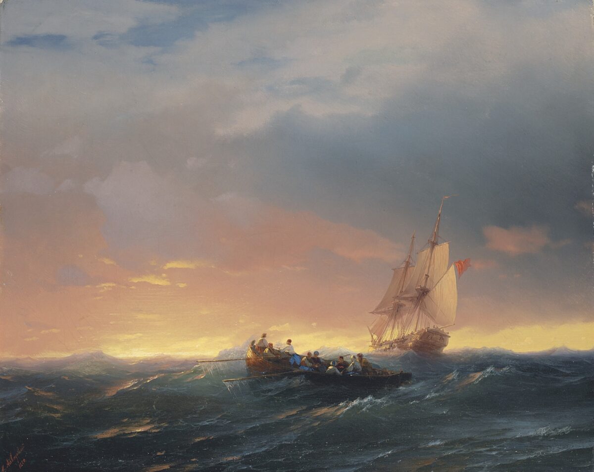 《日落時分的船隻》（Vessels in a Swell at Sunset）（1850年）。（公有領域）