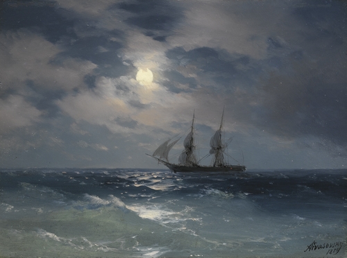 《月光下的雙桅橫帆船水星》（Brig Mercury in the Moonlight）（1871）。（公有領域）