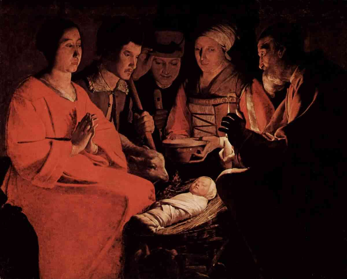 此幅《牧羊人的朝拜》為法國洛林地區畫家喬治‧德‧拉突爾（Georges de la Tour）於1644年所作，收藏於法國羅浮宮。（公有領域）