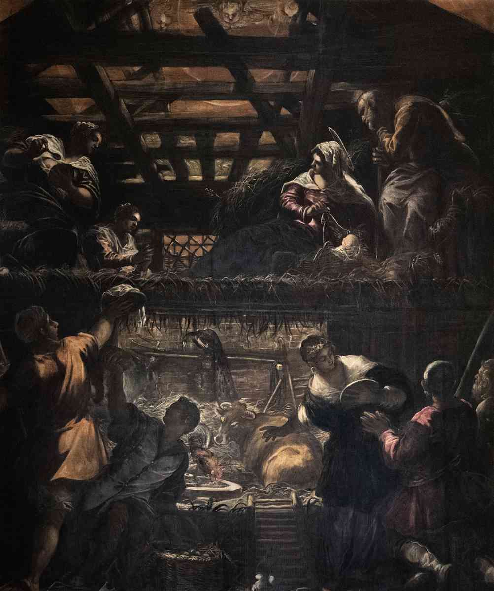 丁托列多《牧羊人朝拜聖嬰》（The Adoration of the Shepherds），1579—1581年，布面油畫，542x455cm，聖洛可會堂，威尼斯（Sala Grande, Scuola di San Rocco，Venice）。（公有領域）